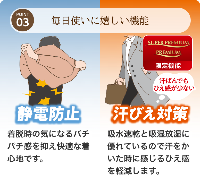 POINT03 毎日使いに嬉しい機能 静電防止 汗冷え対策