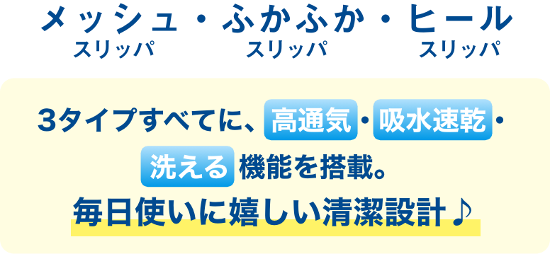 メッシュスリッパ・ふかふかスリッパ・ヒールスリッパ2タイプ全てに、高通気・吸水速乾・洗える機能を搭載。毎日使いに嬉しい清潔設計