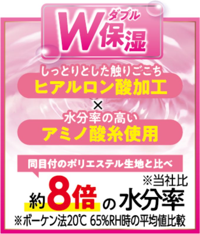 W保湿 しっとりとした触りごこち ヒアルロン酸加工 水分率の高い アミノ酸糸使用