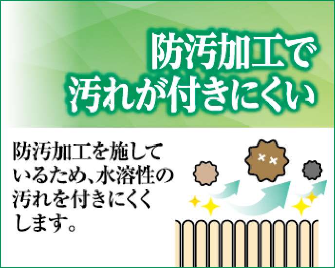 防汚加工で汚れが付きにくい 防汚加工しているため、水溶性の汚れを付きにくくします。