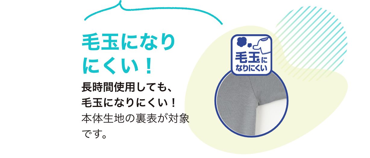 毛玉になりにくい！長時間使用しても、毛玉になりにくい！本体生地の裏表が対象です。