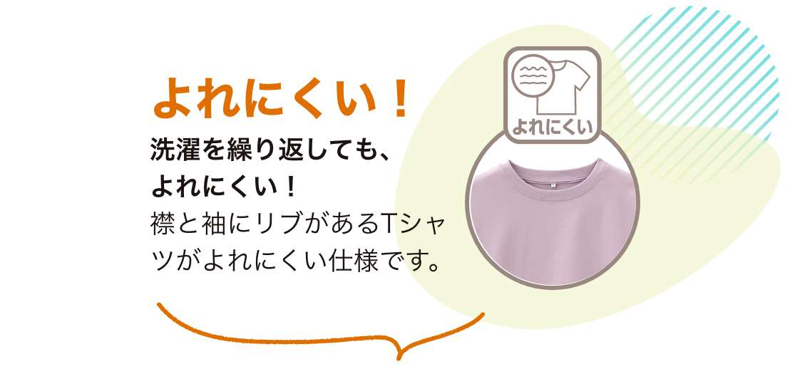 よれにくい！洗濯を繰り返しても、よれにくい！襟と袖にリブがあるTシャツがよれにくい仕様です。