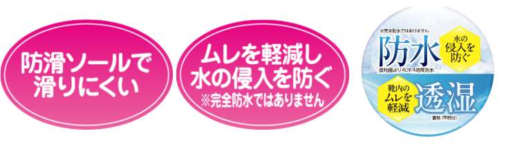 防滑ソールで滑りにくい ムレを軽減し水の侵入を防ぐ ＊完全防水ではありません。 防水