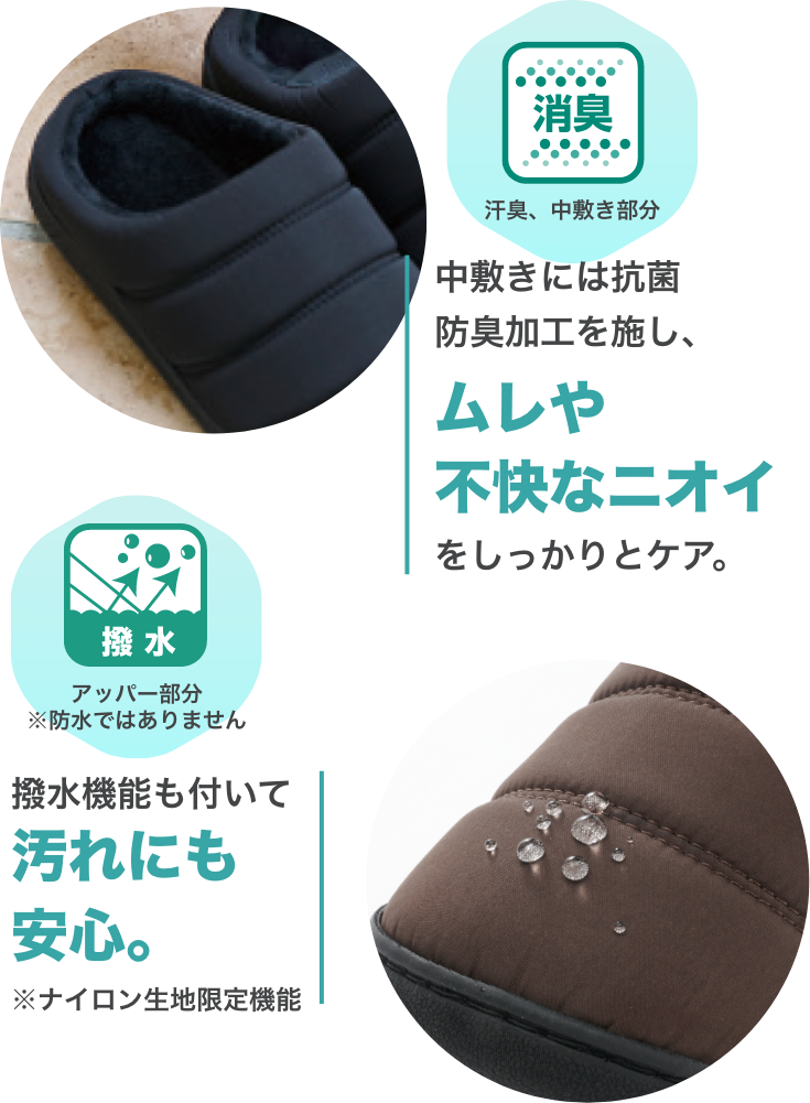 消臭 汗臭、中敷き部分 中敷きには抗菌防臭加工を施し、ムレや不快なニオイをしっかりとケア 撥水 アッパー部分*