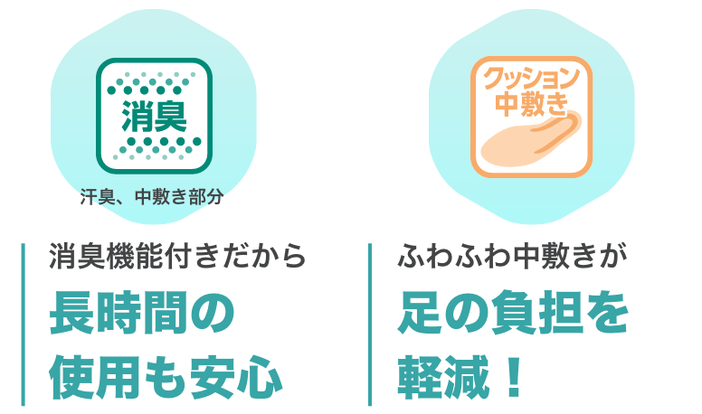 消臭 汗臭、中敷き部分　消臭機能付きだから長時間の仕様も安心 クッション中敷 ふわふわ中敷きが足の負担を軽減！