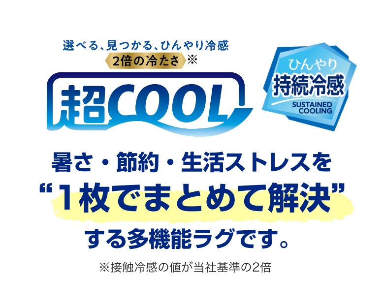超COOL ひんやり持続冷感 暑さ・節約・生活ストレスを1枚でまとめて解決する他機能ラグです。＊接触冷感の値が当社基準の2倍