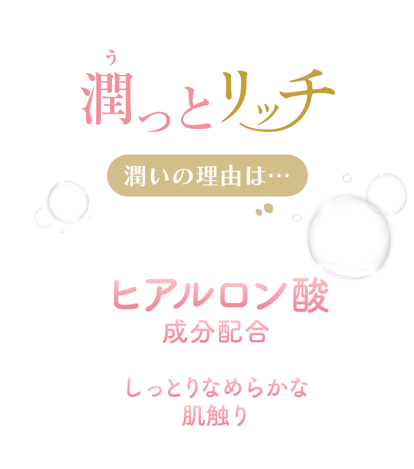 潤っとリッチ 潤いの理由は・・・ヒアルロン酸成分配合しっとり滑らかな肌触り