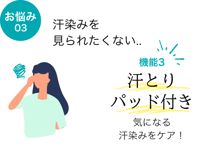 お悩み03 汗染みを見られたくない... 機能3 汗とりパッド付き　気になる汗染みをケア！