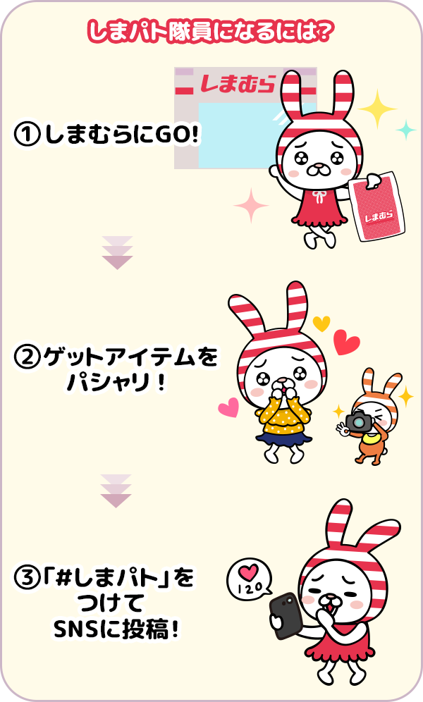 しまパト隊員になるには？
①しまむらにGO！
②ゲットアイテムをパシャリ！
③「＃しまパト」をつけてSNSに投稿！